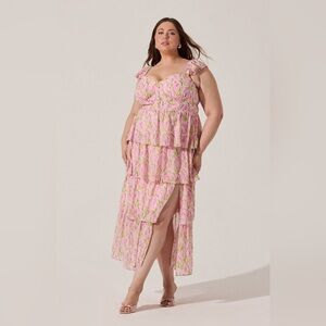 ASTR The Label NWT Midsummer Pink Floral Tiered Ruffle Sleeve Maxi Dress Size 1X